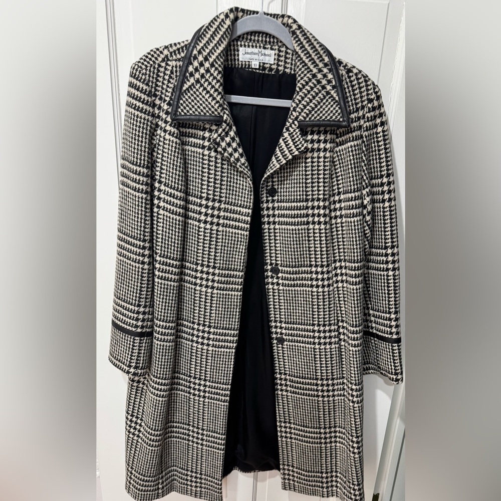 Black & White Plaid Coat with Contrast Trim